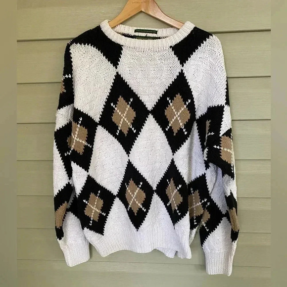 EMBASSY ROW 80s chunky cotton sweater men’s sz XL argyle hand knit preppy Cosby - Picture 1 of 14